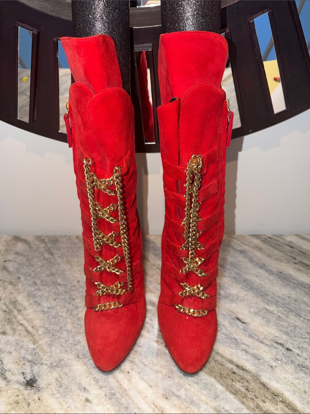Giuseppe Zanotti Women's Red Suede Chain Detail High Heel Boots